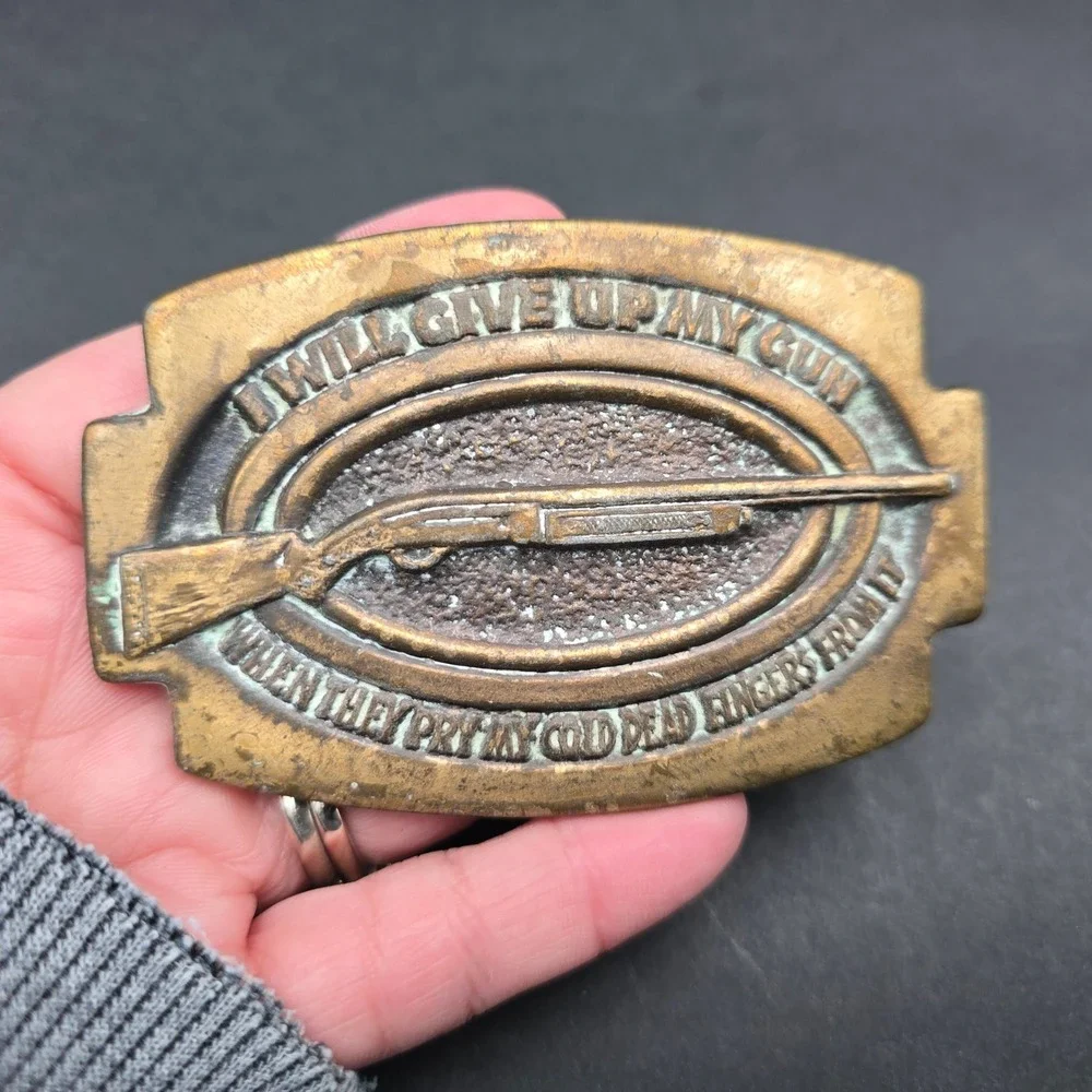 Vintage Brass Shotgun Belt Buckle Cold Dead Fingers Quote 268 Patina Mens
